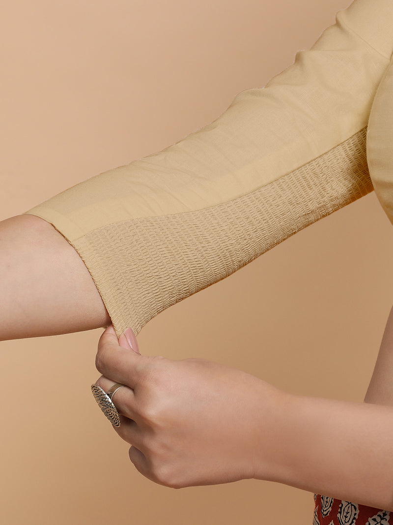 Tripti x Rozaana | Jewel Neck Saree Blouse in Ecru Beige Linen-Binks