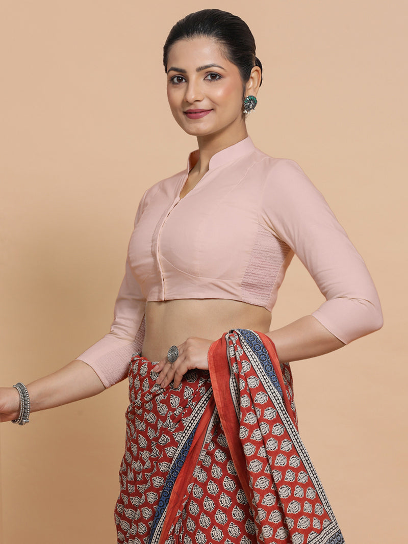 Tripti x Rozaana | Jewel Neck Saree Blouse in Misty Pink Linen-Binks