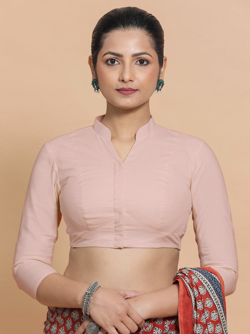 Tripti x Rozaana | Jewel Neck Saree Blouse in Misty Pink Linen-Binks