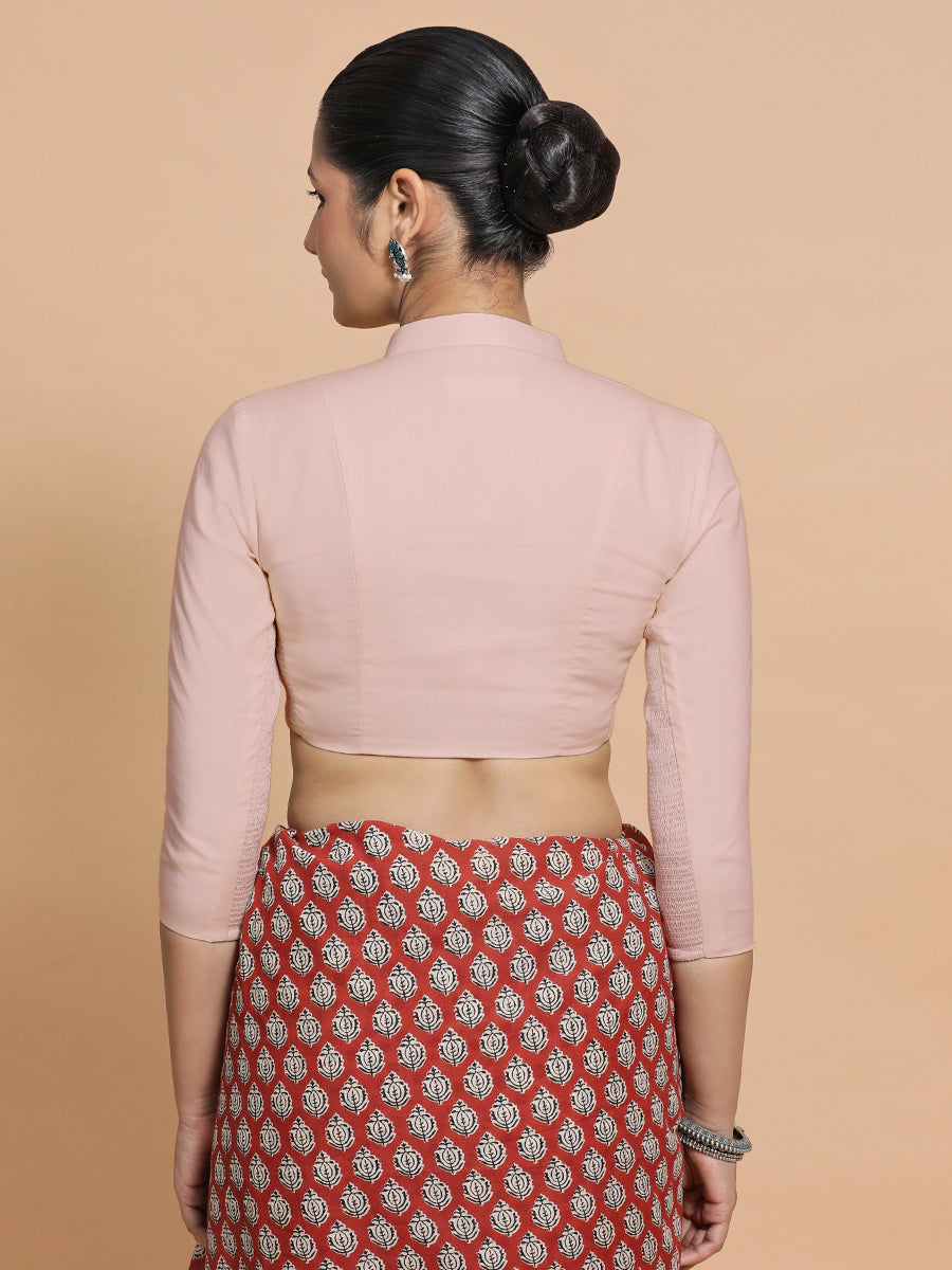 Tripti x Rozaana Saree Blouse, in Pink Linen, featuring three quarter sleeves and mandarin collar neckline (view 2).