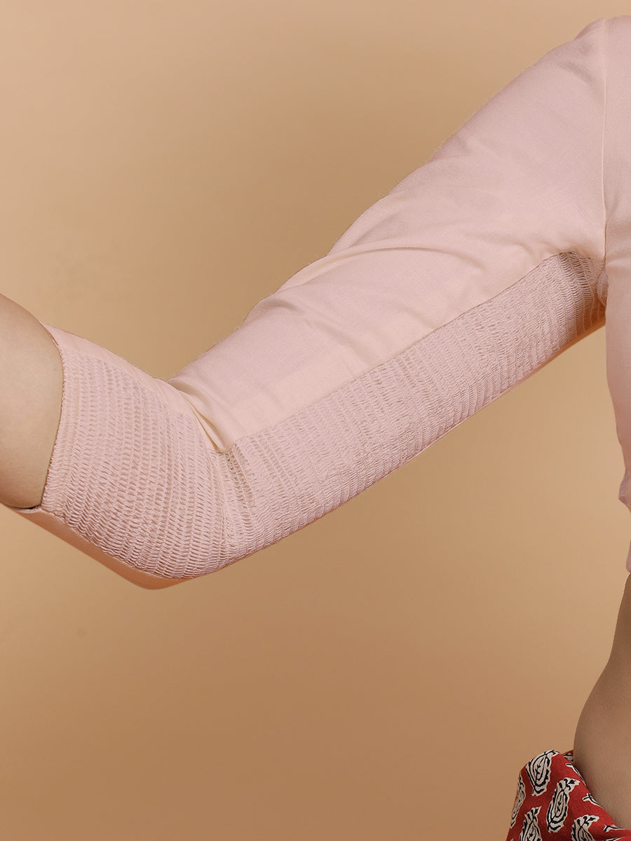 Tripti x Rozaana Saree Blouse, in Pink Linen, featuring three quarter sleeves and mandarin collar neckline (view 5).