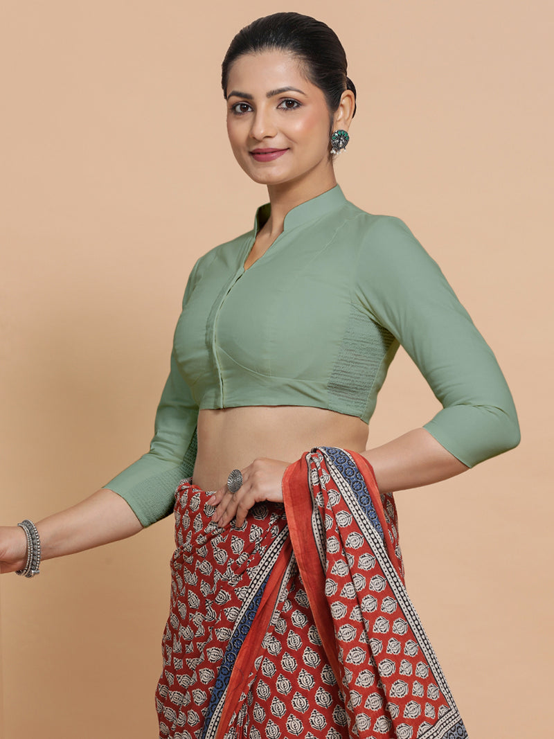 Tripti x Rozaana | Jewel Neck Saree Blouse in Peppermint Green Linen-Binks
