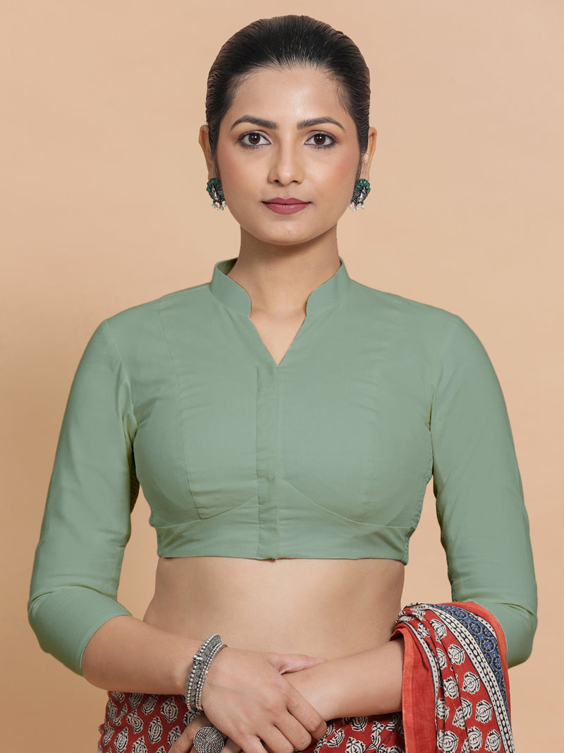 Tripti x Rozaana | Jewel Neck Saree Blouse in Peppermint Green Linen-Binks