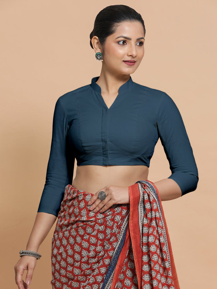 Tripti x Rozaana Saree Blouse, in Blue Linen, featuring three quarter sleeves and mandarin collar neckline.