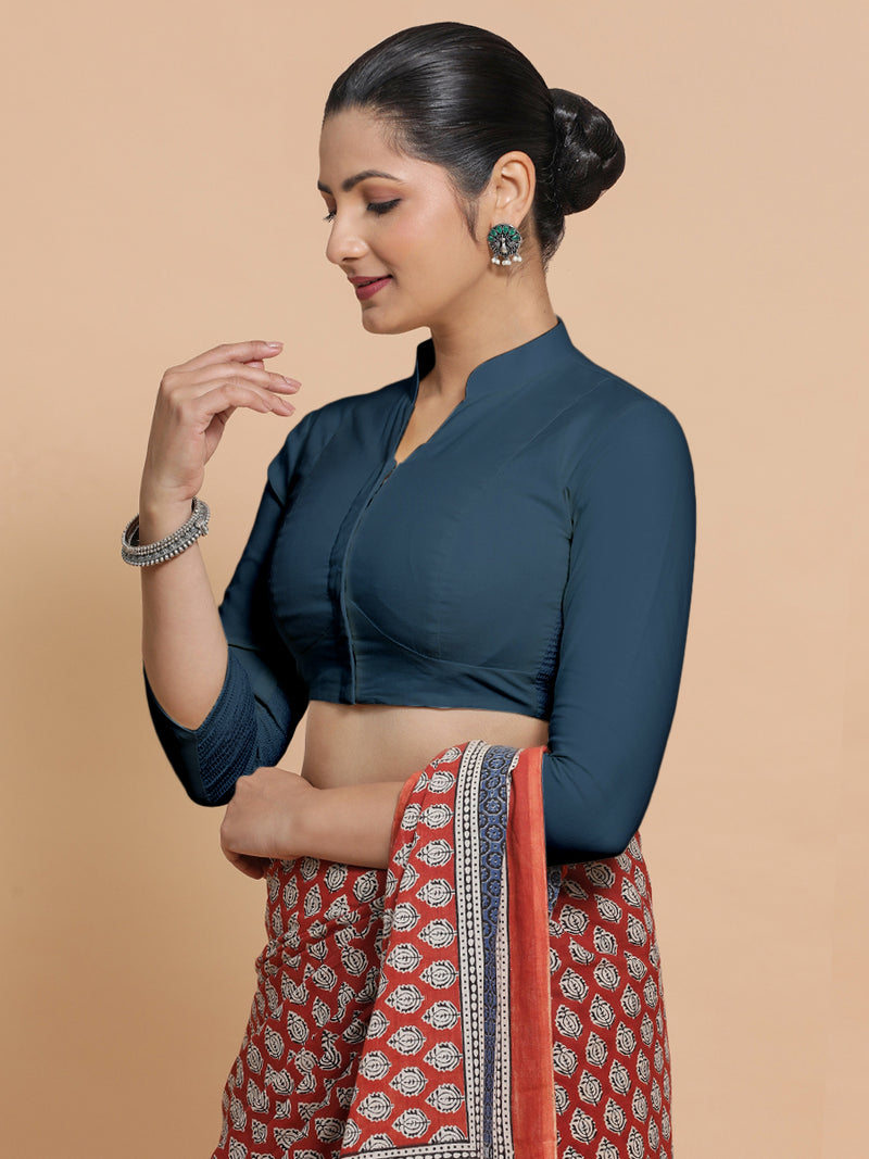 Tripti x Rozaana | Jewel Neck Saree Blouse in Regal Blue Linen-Binks