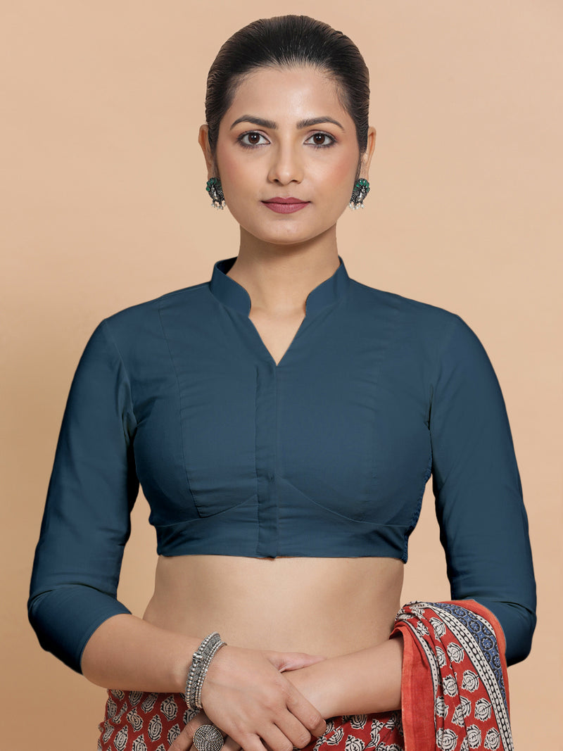 Tripti x Rozaana | Jewel Neck Saree Blouse in Regal Blue Linen-Binks