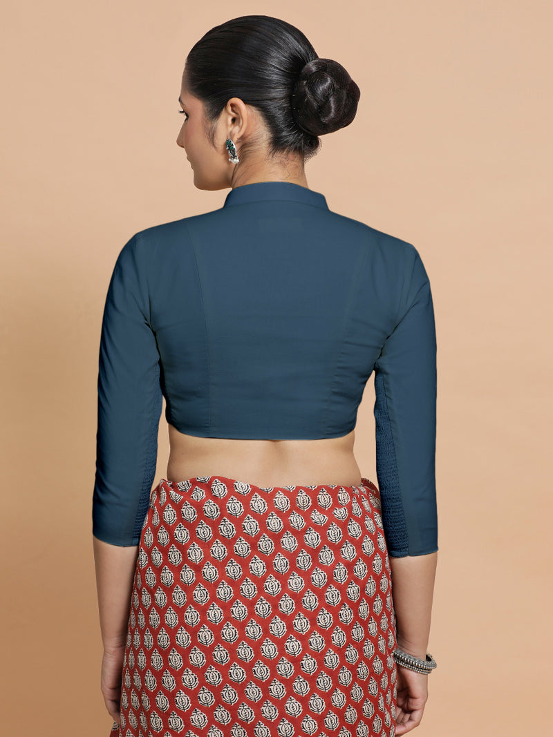 Tripti x Rozaana | Jewel Neck Saree Blouse in Regal Blue Linen-Binks