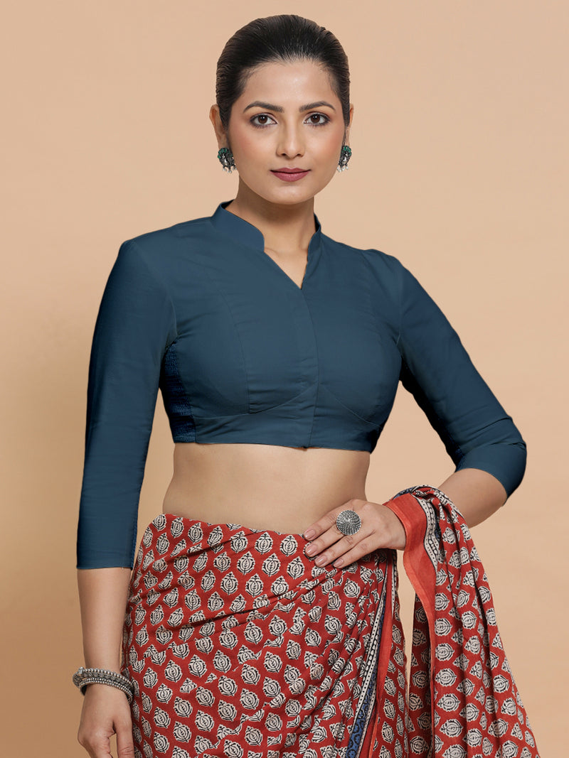 Tripti x Rozaana | Jewel Neck Saree Blouse in Regal Blue Linen-Binks