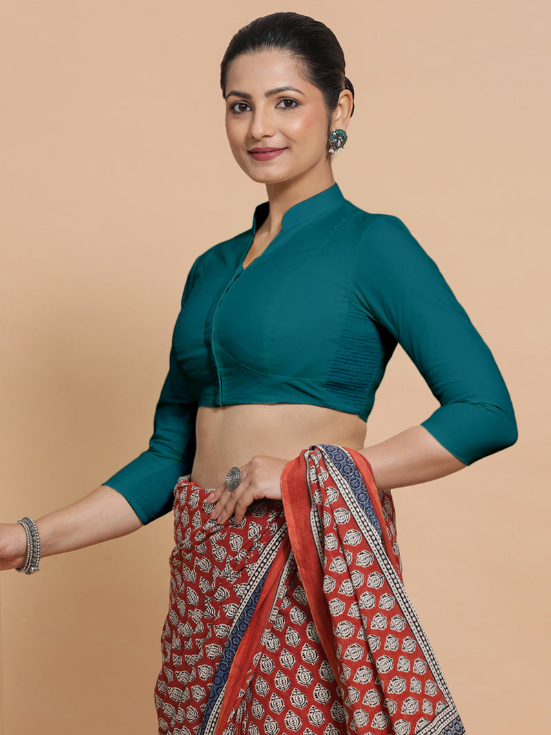 Tripti x Rozaana | Jewel Neck Saree Blouse in Teal Blue Linen-Binks