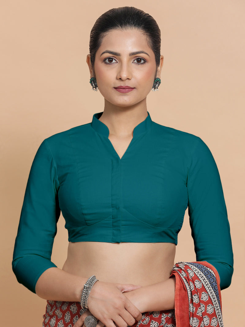 Tripti x Rozaana | Jewel Neck Saree Blouse in Teal Blue Linen-Binks