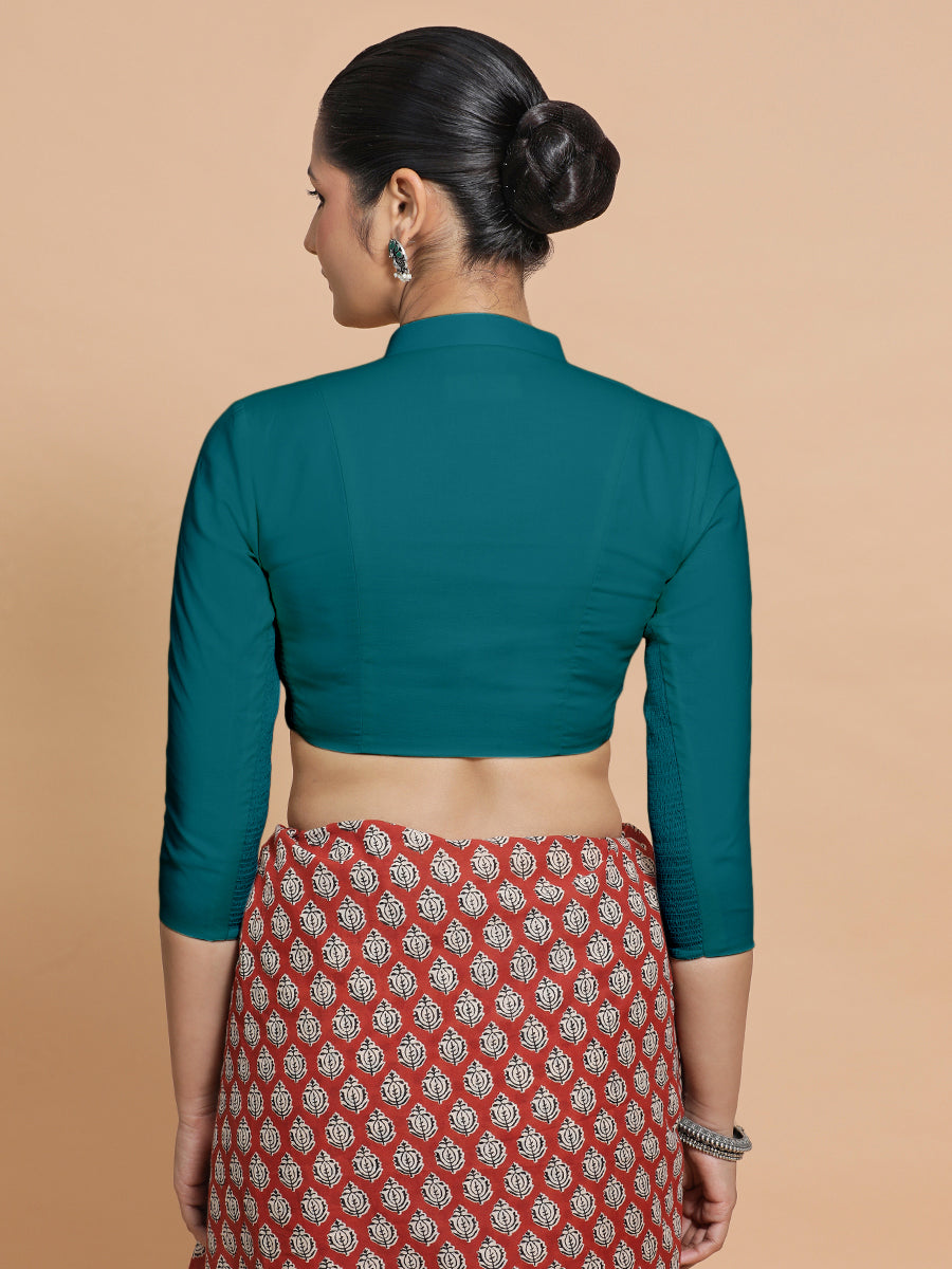 Tripti x Rozaana Saree Blouse, in Blue Linen, featuring three quarter sleeves and mandarin collar neckline (view 2).