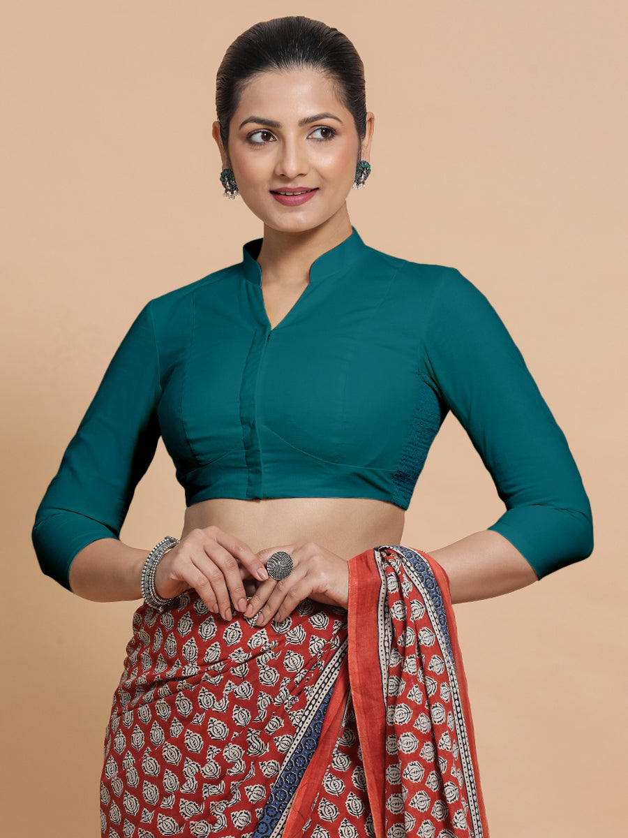 Tripti x Rozaana Saree Blouse, in Blue Linen, featuring three quarter sleeves and mandarin collar neckline (view 8).