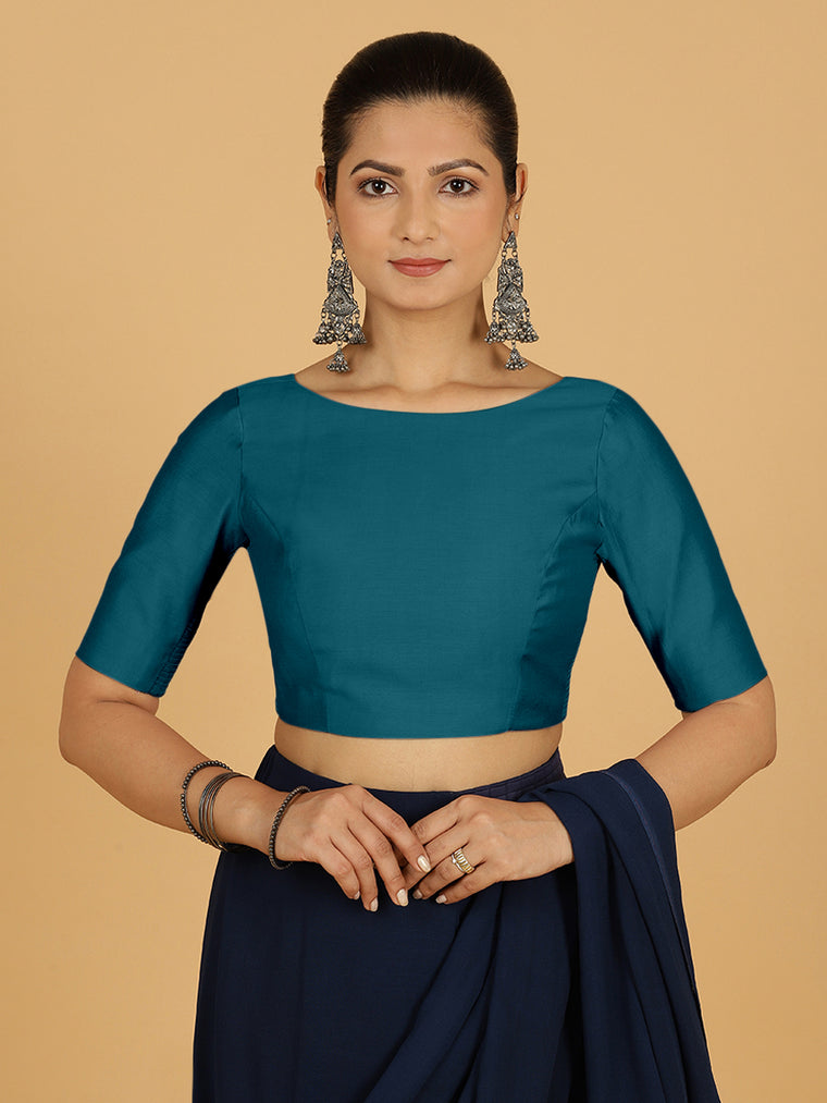 Trisha x Rozaana Saree Blouse, in Blue Viscose, featuring elbow sleeves and boat neckline, made for daily & work.