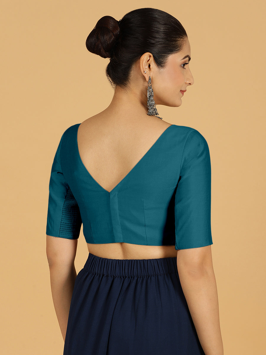 Trisha x Rozaana Saree Blouse, in Blue Viscose, featuring elbow sleeves and boat neckline, made for daily & work (view 2).