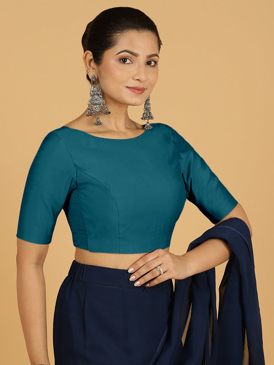 Trisha x Rozaana Saree Blouse, in Blue Viscose, featuring elbow sleeves and boat neckline, made for daily & work (view 5).