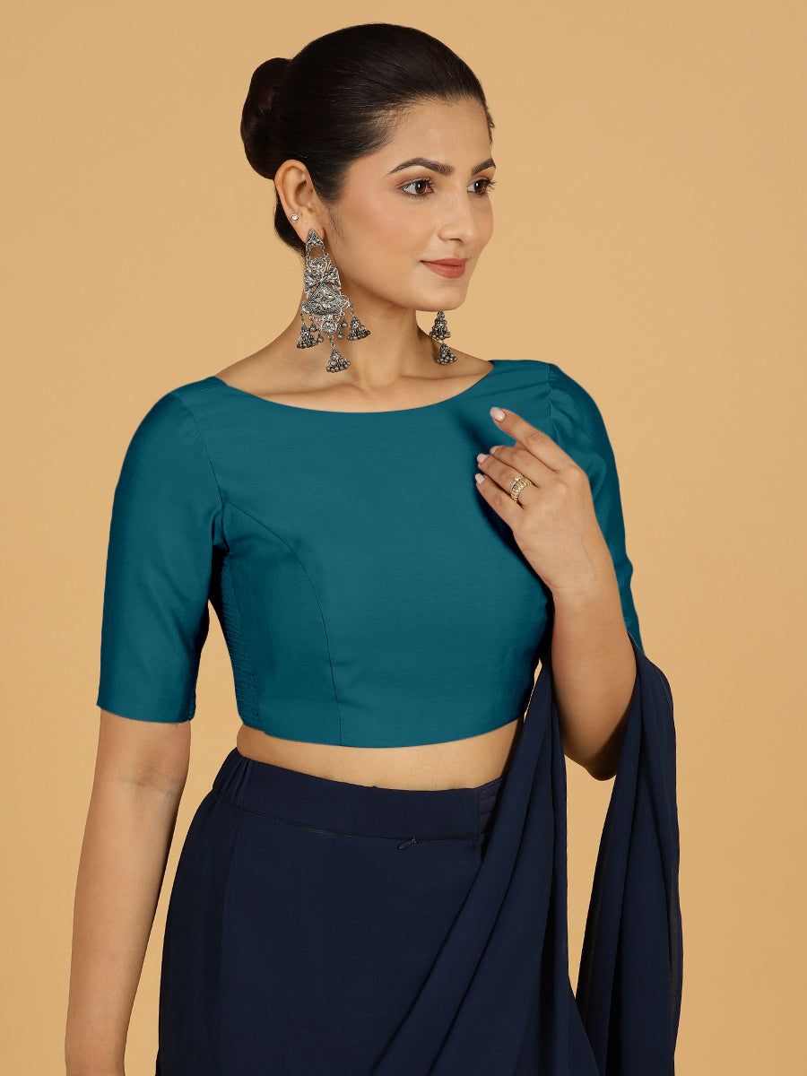 Trisha x Rozaana Saree Blouse, in Blue Viscose, featuring elbow sleeves and boat neckline, made for daily & work (view 6).