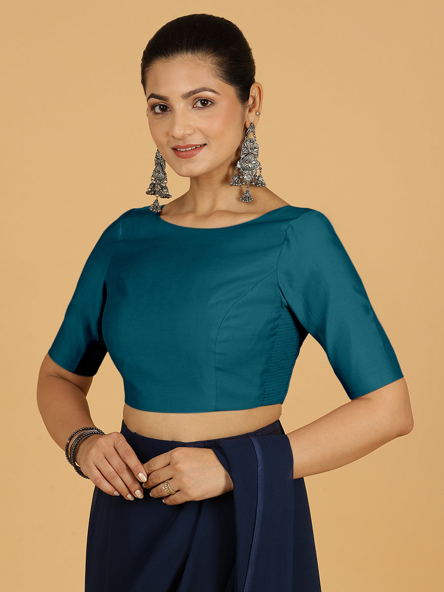 Trisha x Rozaana Saree Blouse, in Blue Viscose, featuring elbow sleeves and boat neckline, made for daily & work (view 8).