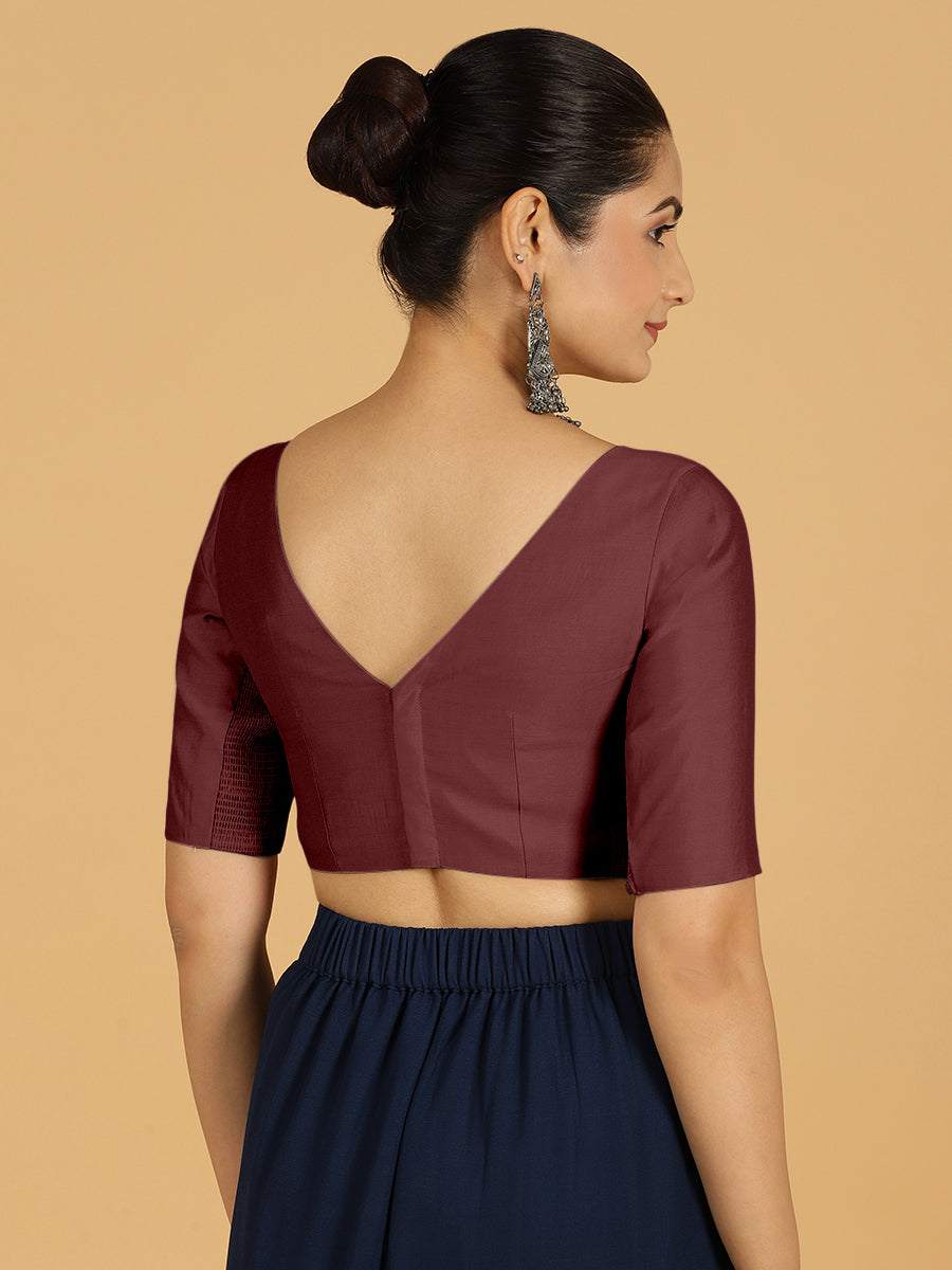 Trisha x Rozaana Saree Blouse, in Maroon Viscose, featuring elbow sleeves and boat neckline, made for daily & work (view 2).