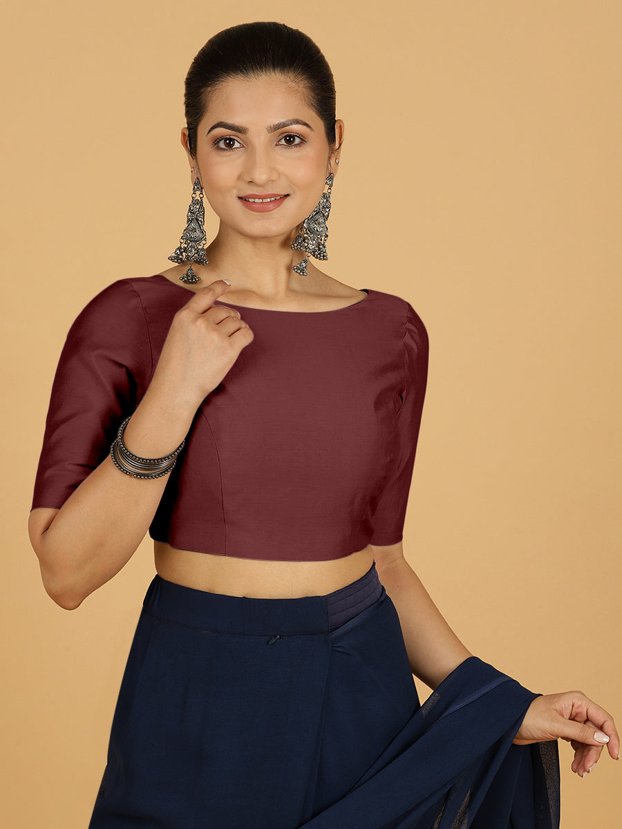 Trisha x Rozaana Saree Blouse, in Maroon Viscose, featuring elbow sleeves and boat neckline, made for daily & work (view 6).