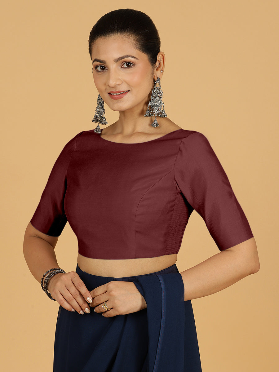 Trisha x Rozaana Saree Blouse, in Maroon Viscose, featuring elbow sleeves and boat neckline, made for daily & work (view 7).