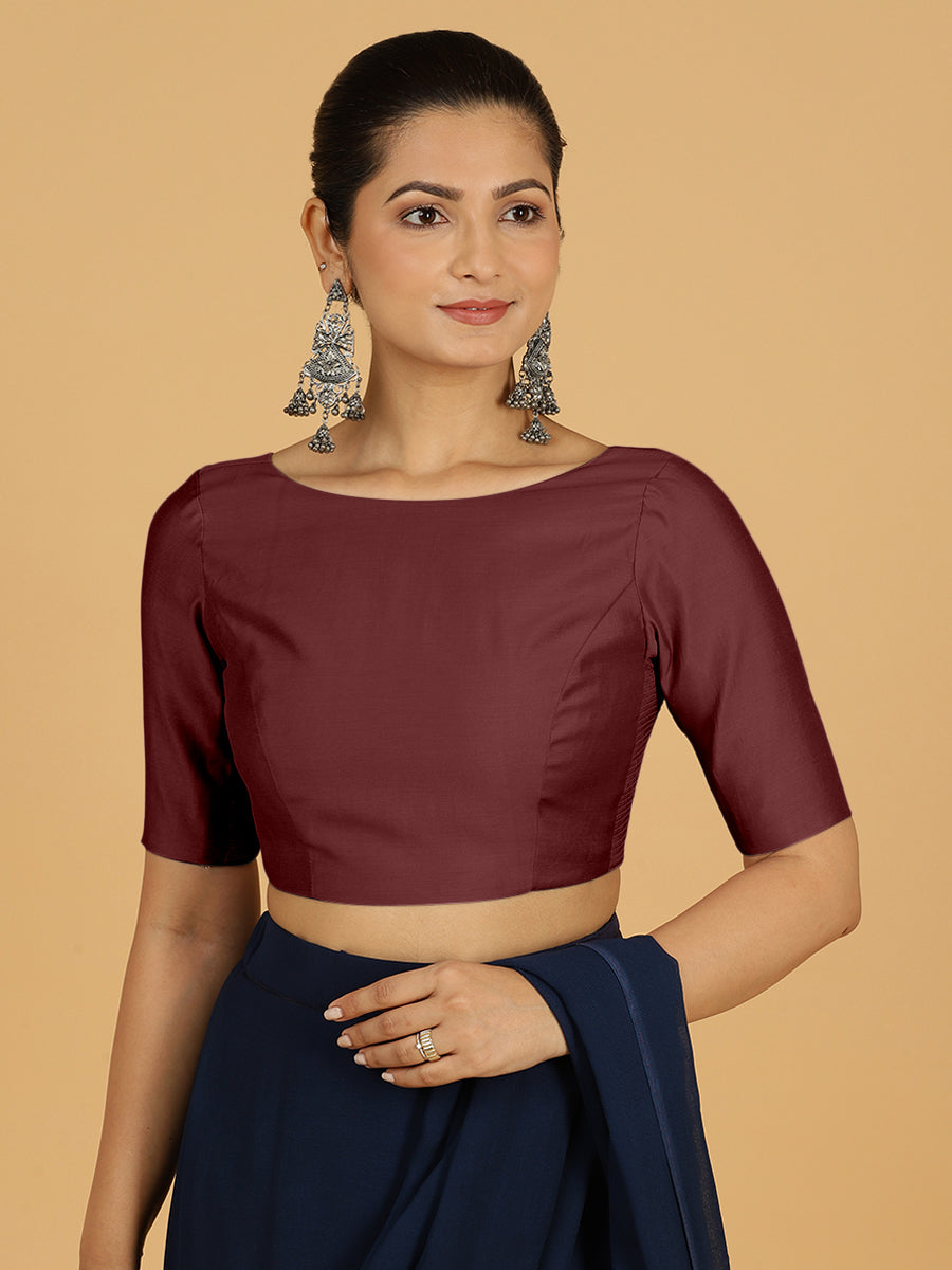 Trisha x Rozaana Saree Blouse, in Maroon Viscose, featuring elbow sleeves and boat neckline, made for daily & work (view 8).