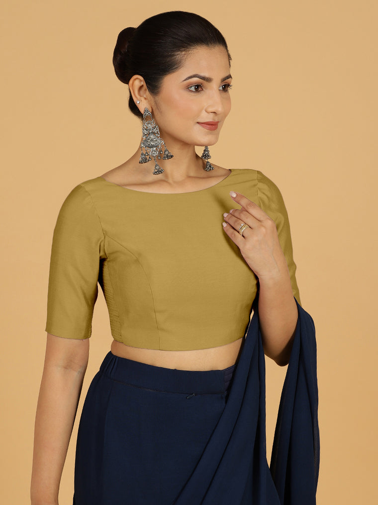 Trisha x Rozaana Saree Blouse, in Yellow Viscose, featuring elbow sleeves and boat neckline, made for daily & work.