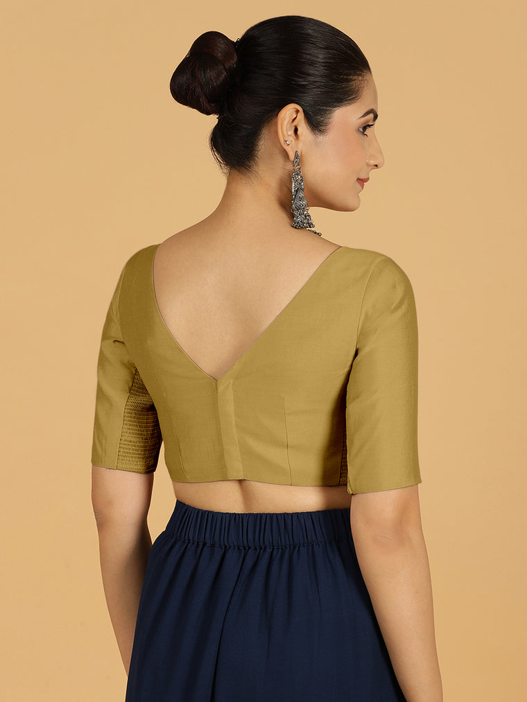 Trisha x Rozaana Saree Blouse, in Yellow Viscose, featuring elbow sleeves and boat neckline, made for daily & work (view 2).