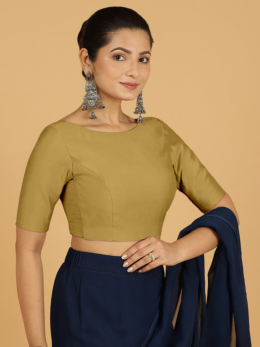 Trisha x Rozaana Saree Blouse, in Yellow Viscose, featuring elbow sleeves and boat neckline, made for daily & work (view 5).