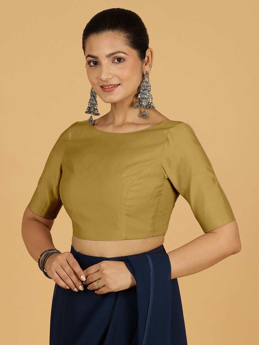 Trisha x Rozaana Saree Blouse, in Yellow Viscose, featuring elbow sleeves and boat neckline, made for daily & work (view 7).