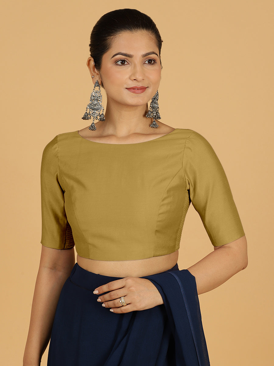 Trisha x Rozaana Saree Blouse, in Yellow Viscose, featuring elbow sleeves and boat neckline, made for daily & work (view 8).
