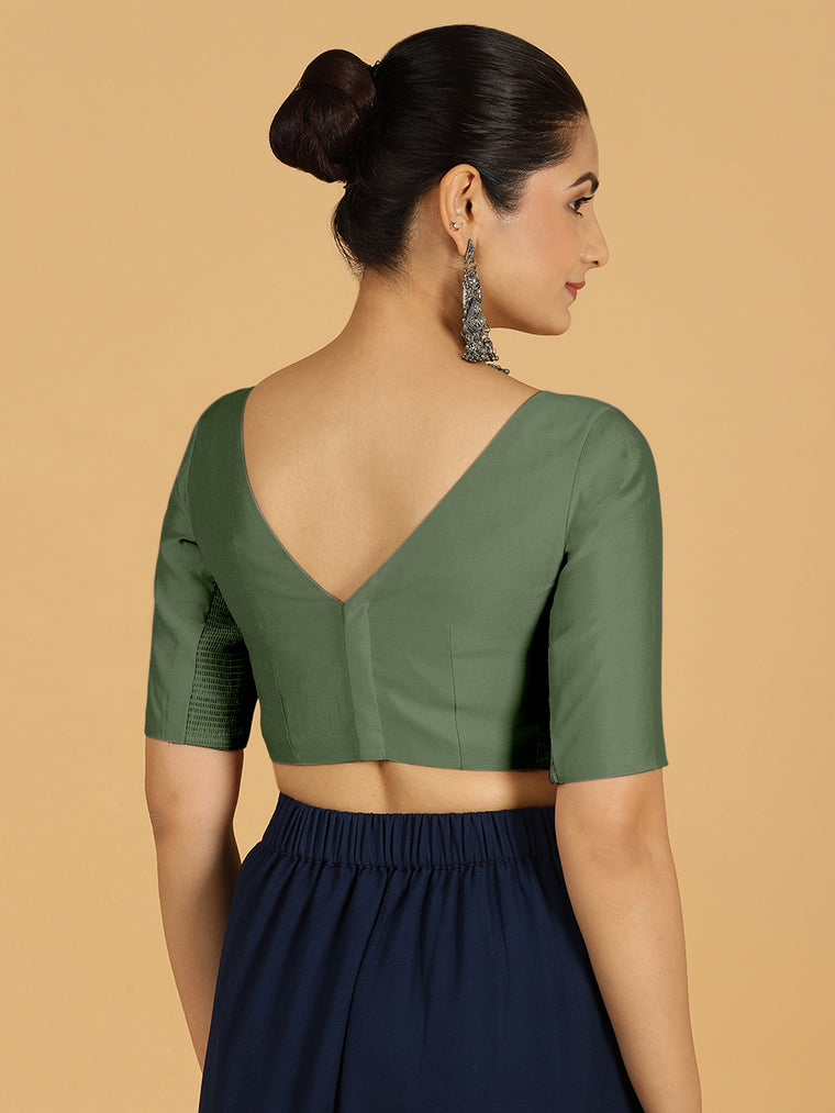 Trisha x Rozaana Saree Blouse, in Green Viscose, featuring elbow sleeves and boat neckline, made for daily & work (view 2).