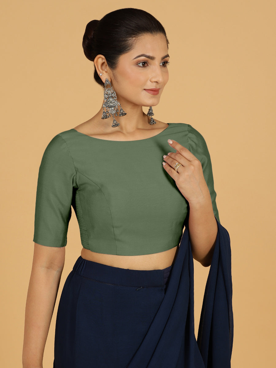 Trisha x Rozaana Saree Blouse, in Green Viscose, featuring elbow sleeves and boat neckline, made for daily & work (view 6).