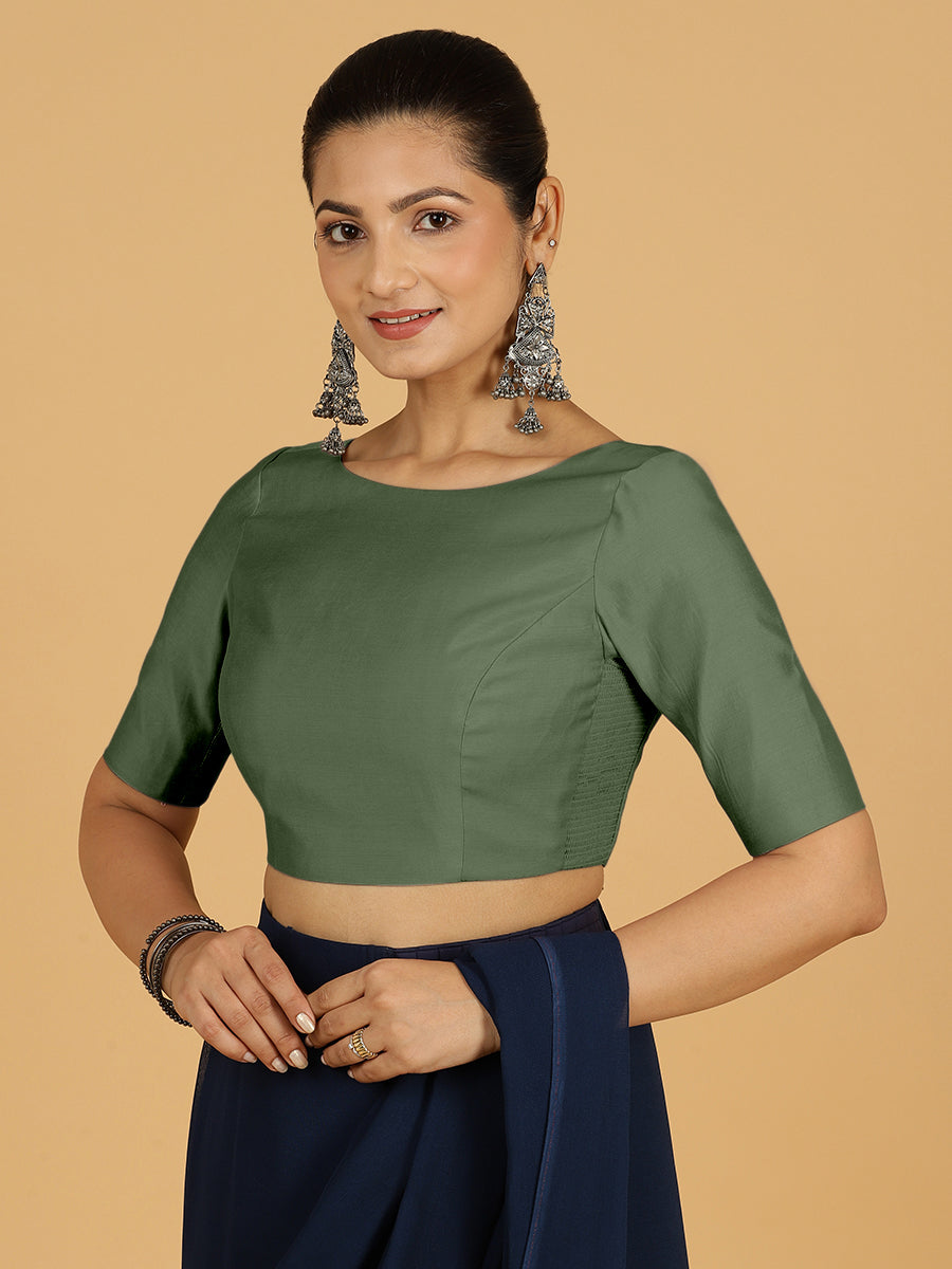 Trisha x Rozaana Saree Blouse, in Green Viscose, featuring elbow sleeves and boat neckline, made for daily & work (view 7).
