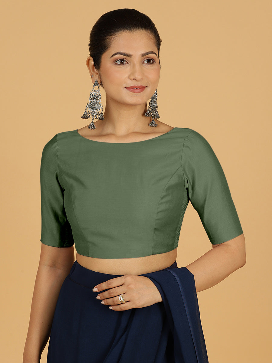 Trisha x Rozaana Saree Blouse, in Green Viscose, featuring elbow sleeves and boat neckline, made for daily & work (view 8).
