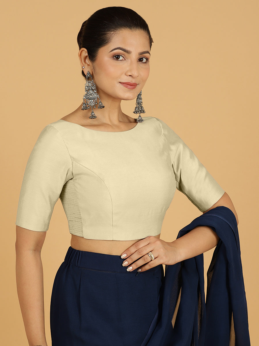 Trisha x Rozaana Saree Blouse, in White Viscose, featuring elbow sleeves and boat neckline, made for daily & work (view 5).