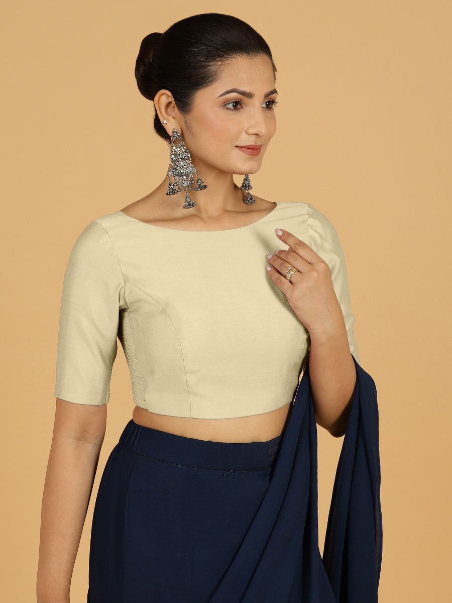 Trisha x Rozaana Saree Blouse, in White Viscose, featuring elbow sleeves and boat neckline, made for daily & work (view 6).