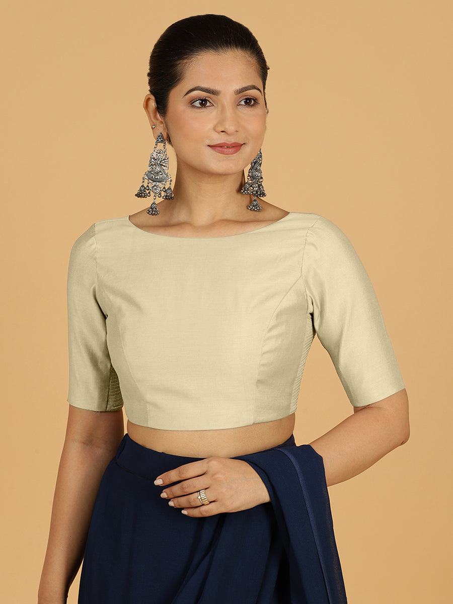 Trisha x Rozaana Saree Blouse, in White Viscose, featuring elbow sleeves and boat neckline, made for daily & work (view 8).
