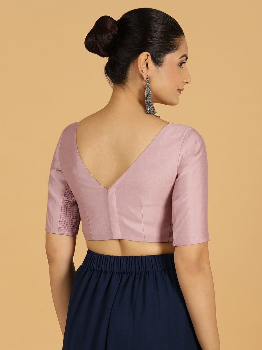 Trisha x Rozaana Saree Blouse, in Purple Viscose, featuring elbow sleeves and boat neckline, made for daily & work (view 2).
