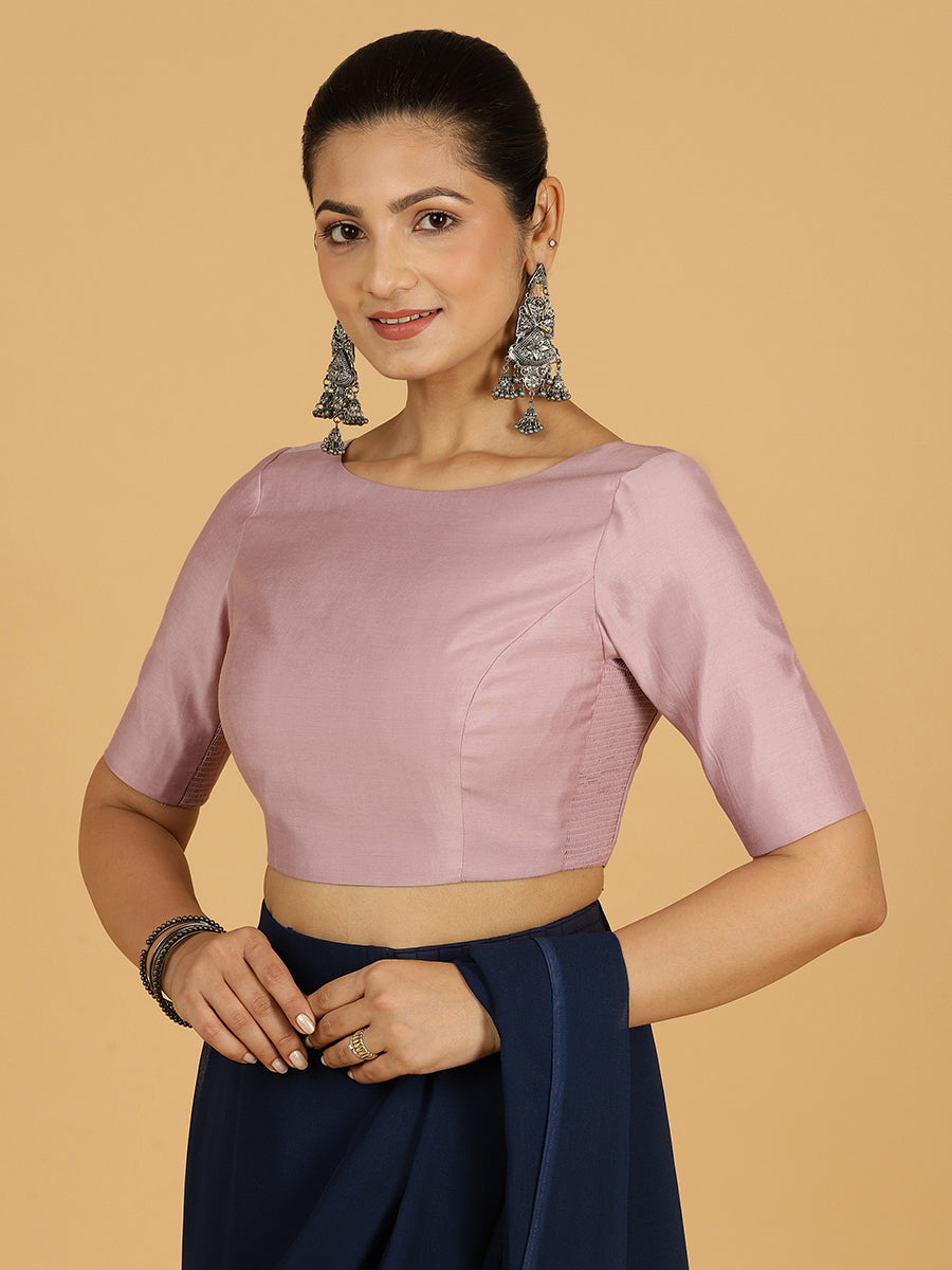 Trisha x Rozaana Saree Blouse, in Purple Viscose, featuring elbow sleeves and boat neckline, made for daily & work (view 8).