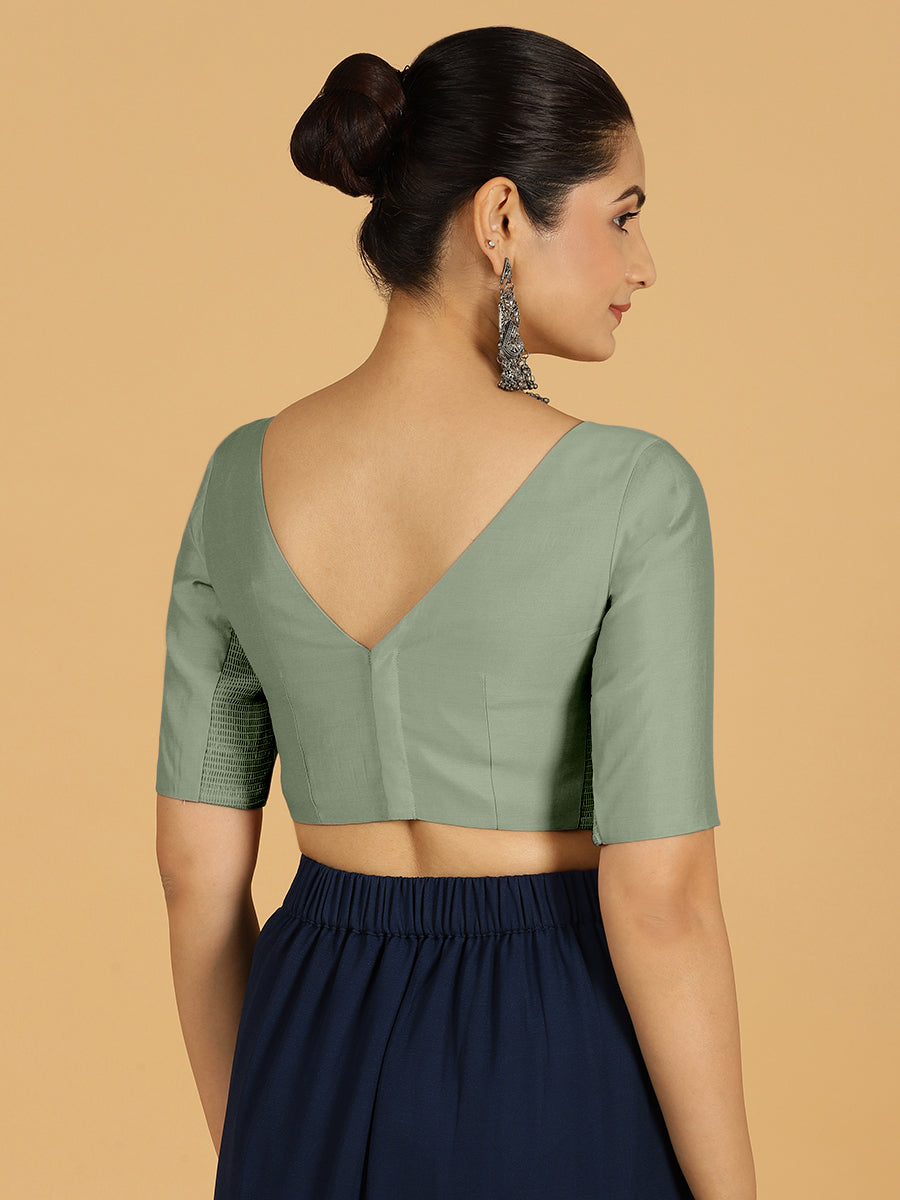 Trisha x Rozaana Saree Blouse, in Green Viscose, featuring elbow sleeves and boat neckline, made for daily & work (view 2).