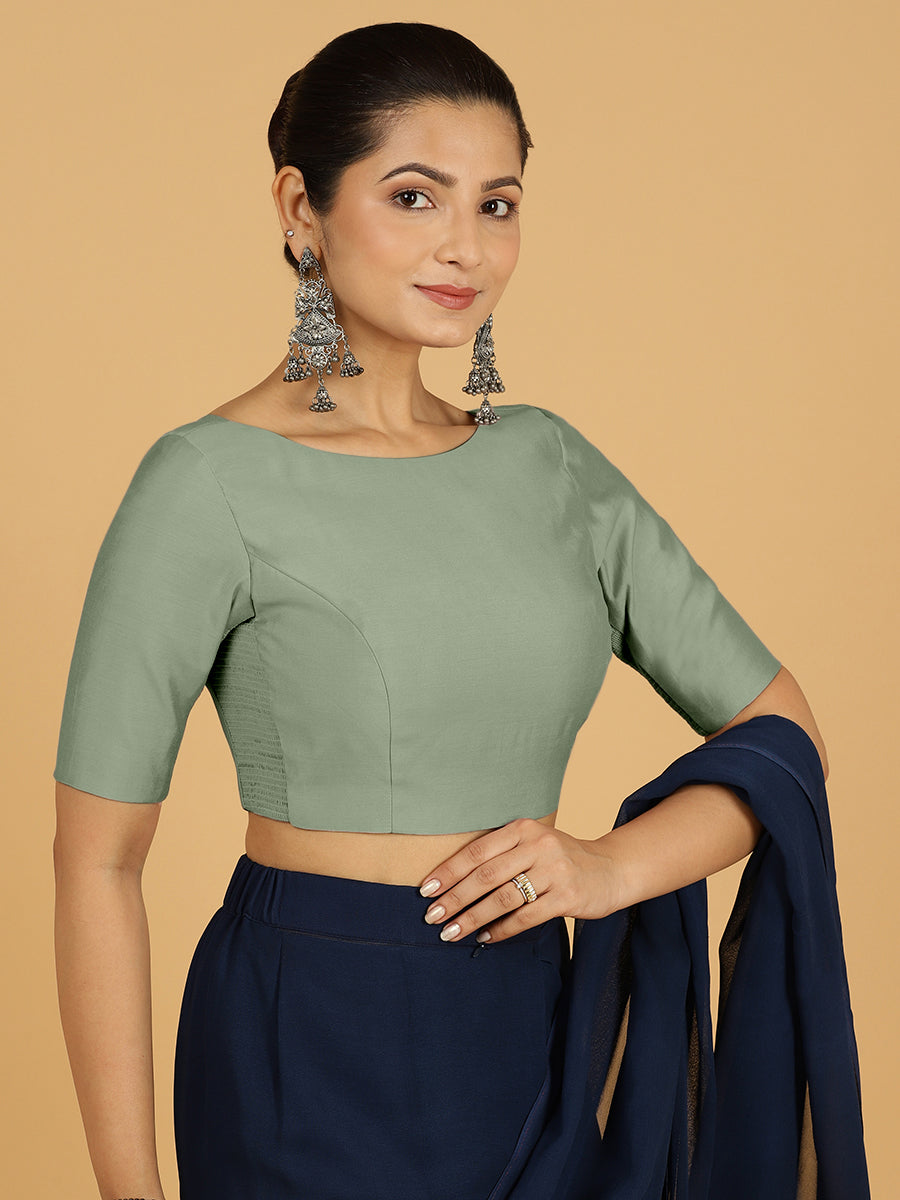 Trisha x Rozaana Saree Blouse, in Green Viscose, featuring elbow sleeves and boat neckline, made for daily & work (view 5).