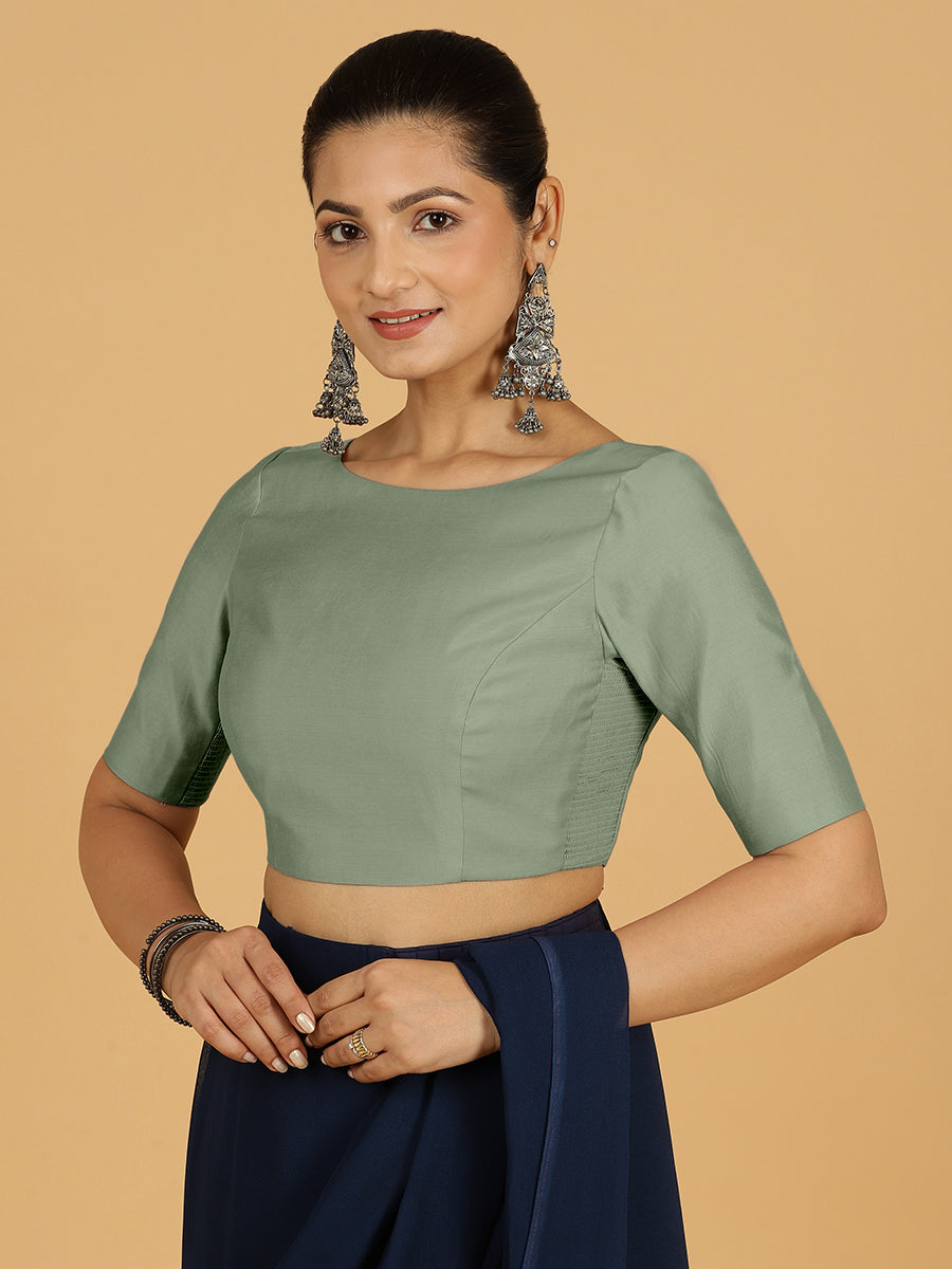 Trisha x Rozaana Saree Blouse, in Green Viscose, featuring elbow sleeves and boat neckline, made for daily & work (view 8).