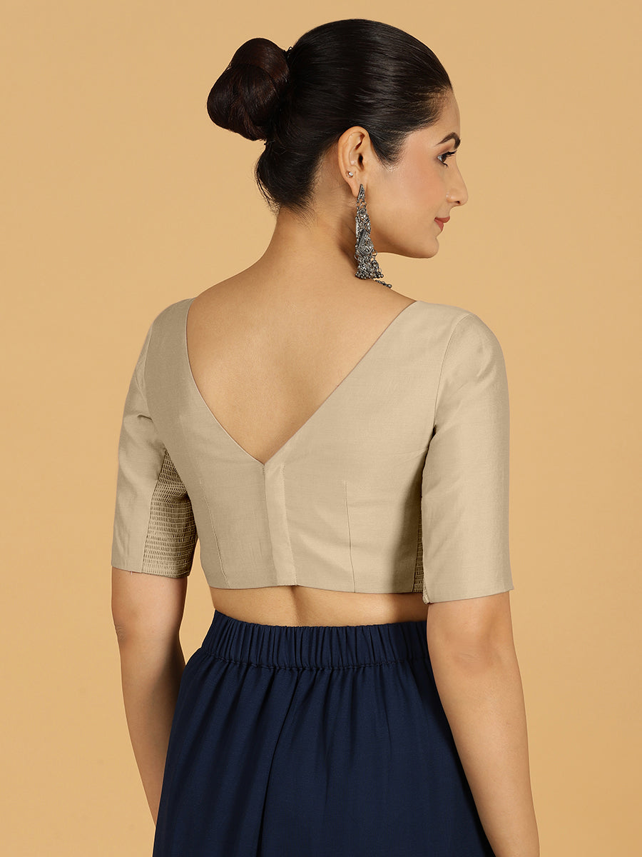 Trisha x Rozaana Saree Blouse, in Grey Viscose, featuring elbow sleeves and boat neckline, made for daily & work (view 2).