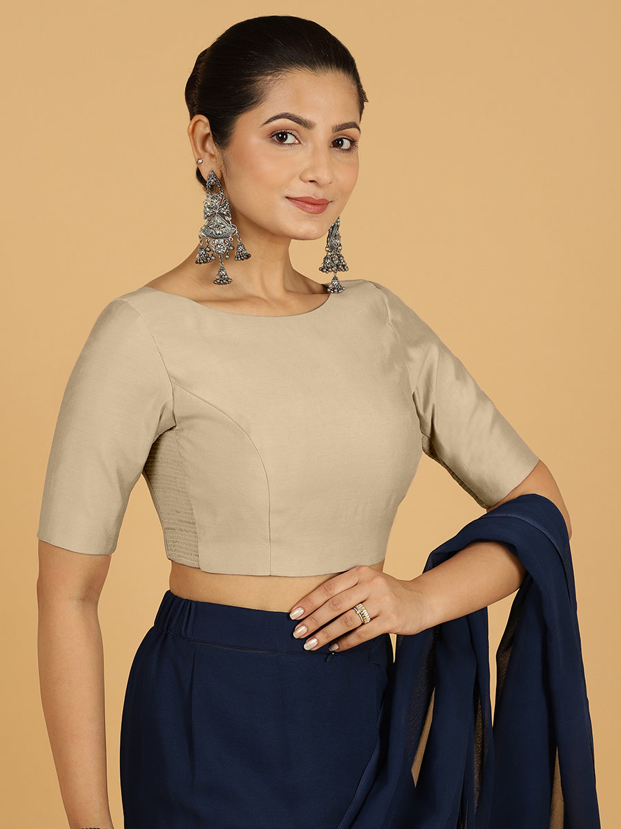 Trisha x Rozaana Saree Blouse, in Grey Viscose, featuring elbow sleeves and boat neckline, made for daily & work (view 5).