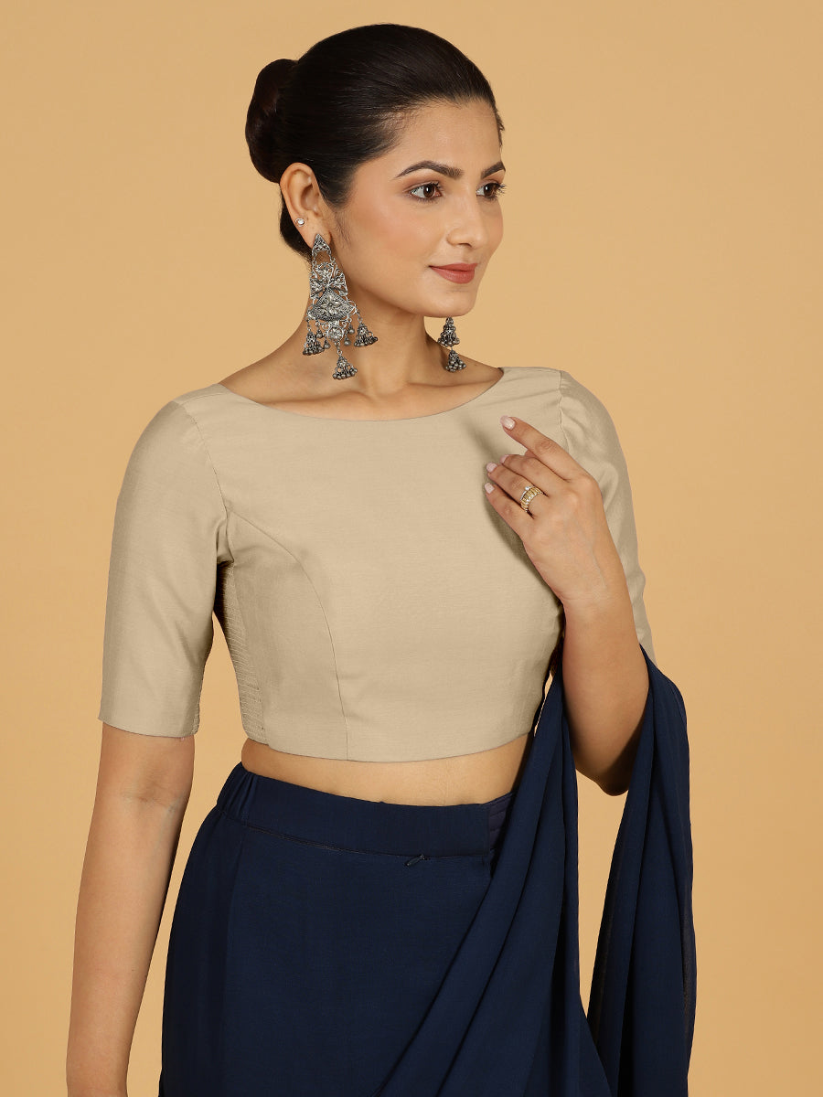Trisha x Rozaana Saree Blouse, in Grey Viscose, featuring elbow sleeves and boat neckline, made for daily & work (view 6).