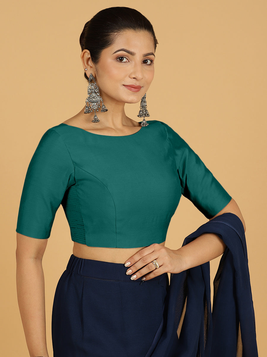 Trisha x Rozaana Saree Blouse, in Green Viscose, featuring elbow sleeves and boat neckline, made for daily & work.