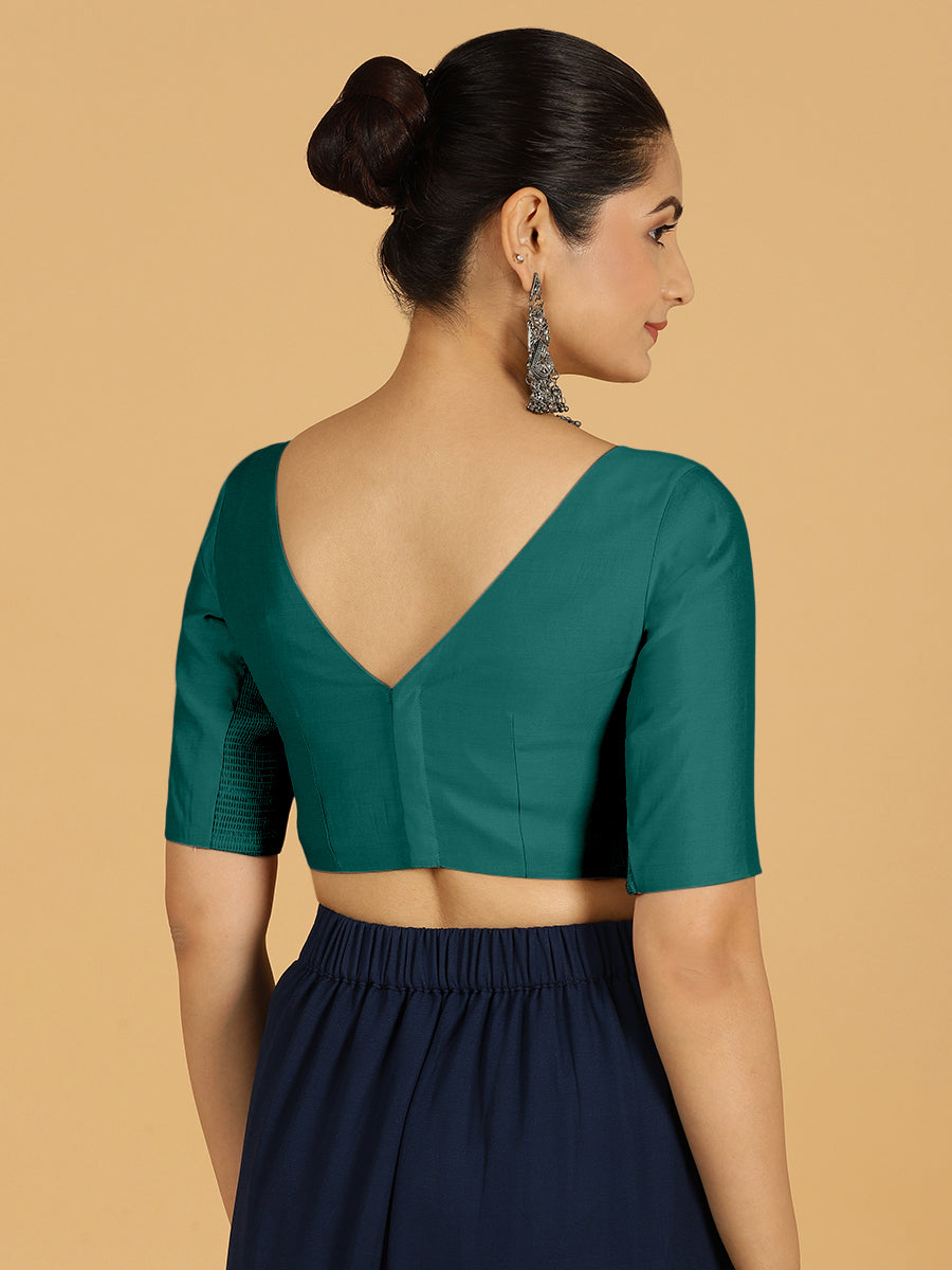 Trisha x Rozaana Saree Blouse, in Green Viscose, featuring elbow sleeves and boat neckline, made for daily & work (view 2).