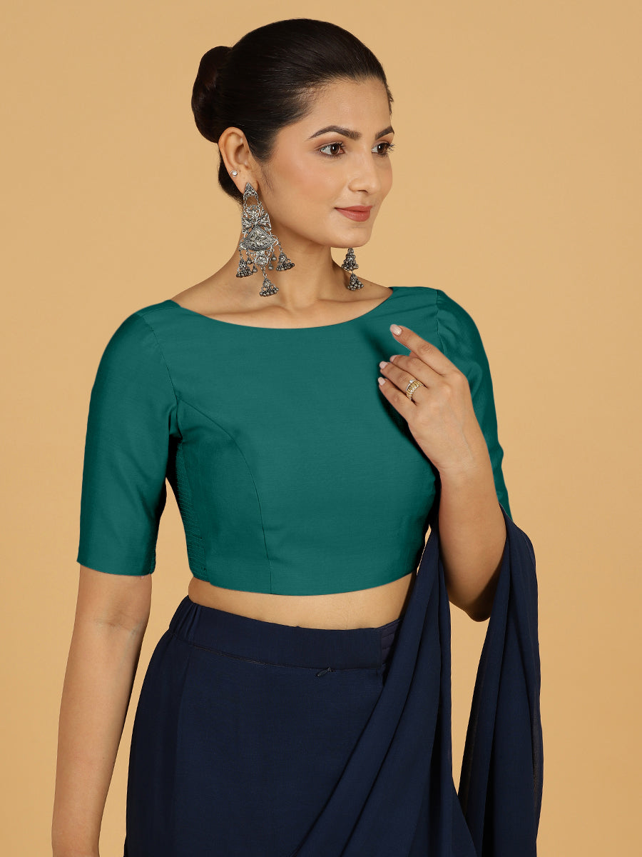 Trisha x Rozaana Saree Blouse, in Green Viscose, featuring elbow sleeves and boat neckline, made for daily & work (view 5).