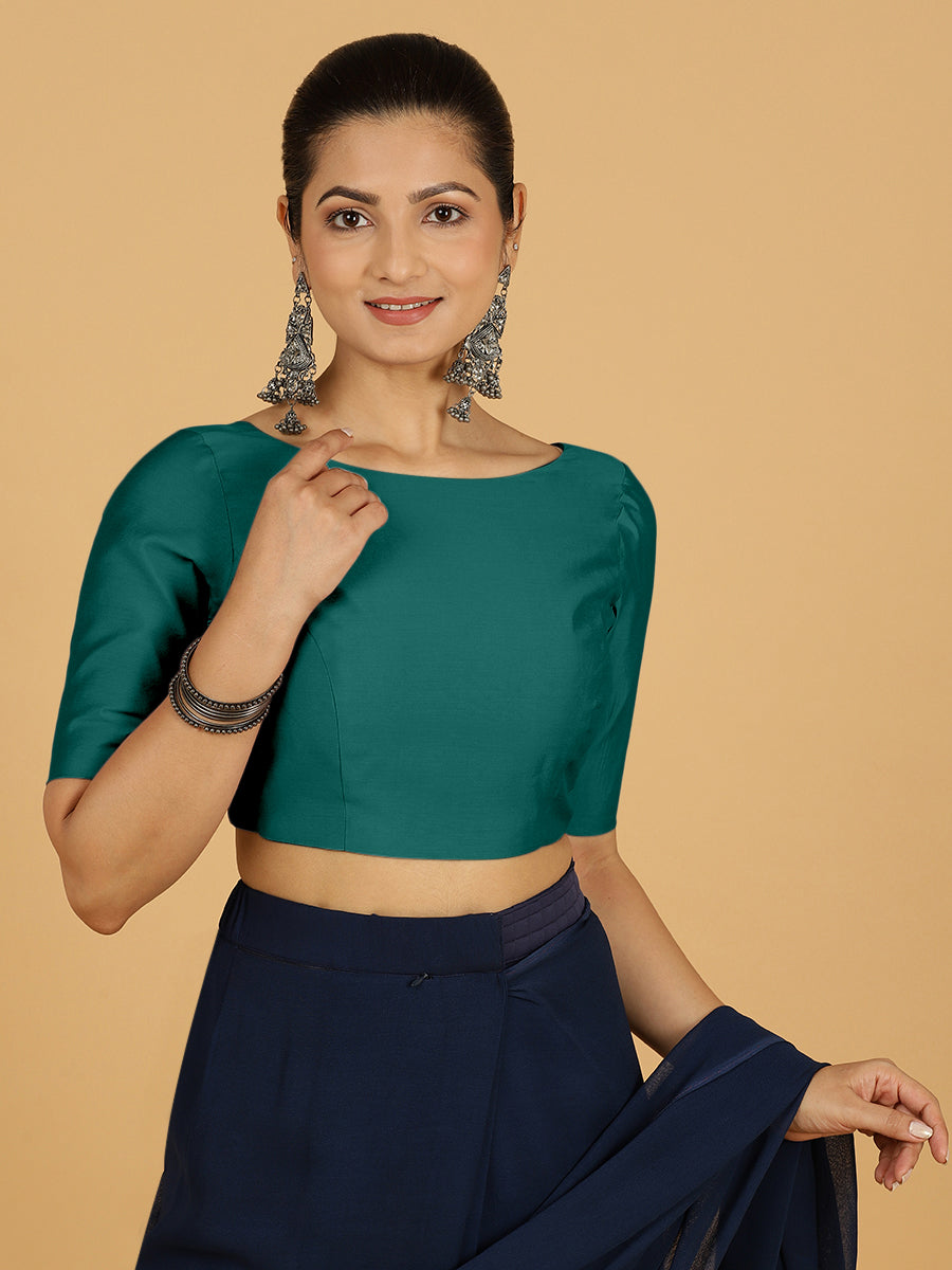 Trisha x Rozaana Saree Blouse, in Green Viscose, featuring elbow sleeves and boat neckline, made for daily & work (view 6).