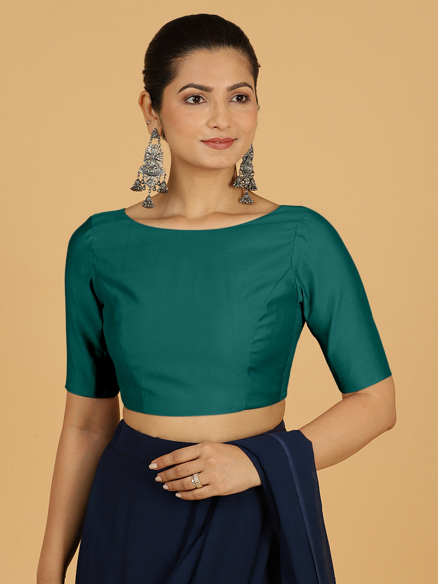 Trisha x Rozaana Saree Blouse, in Green Viscose, featuring elbow sleeves and boat neckline, made for daily & work (view 8).